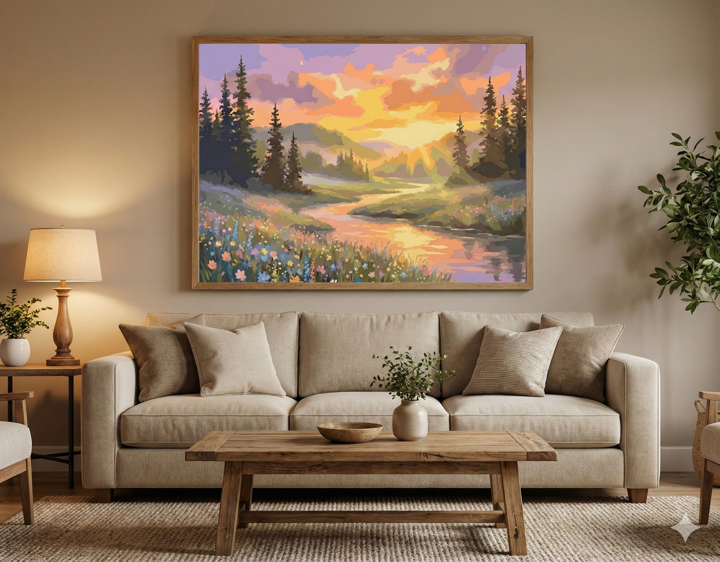 Golden Hour Reflection: Sunset River Valley Acrylic Painting