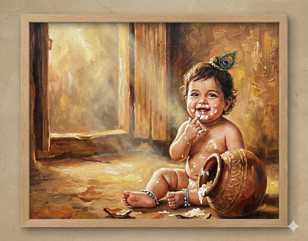 Little Butter Thief: Baby Krishna's Joyful Mischief – Original Acrylic Painting