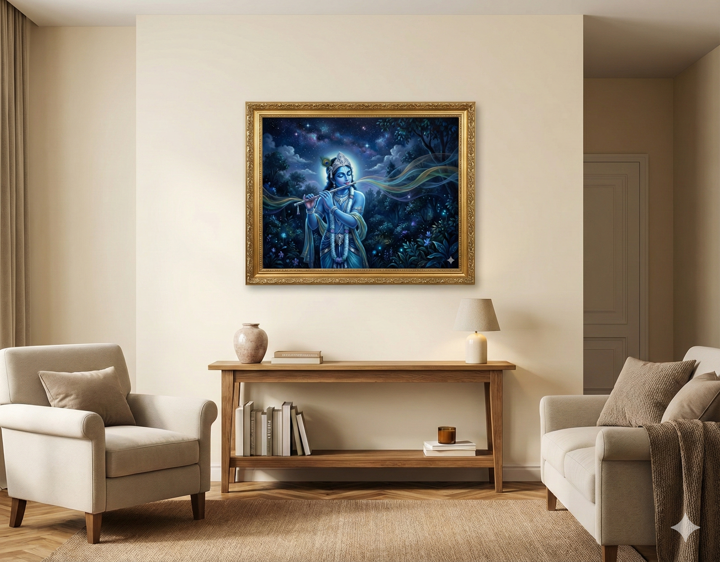 Midnight Melody: Krishna in the Enchanted Blue Forest – Original Acrylic Painting