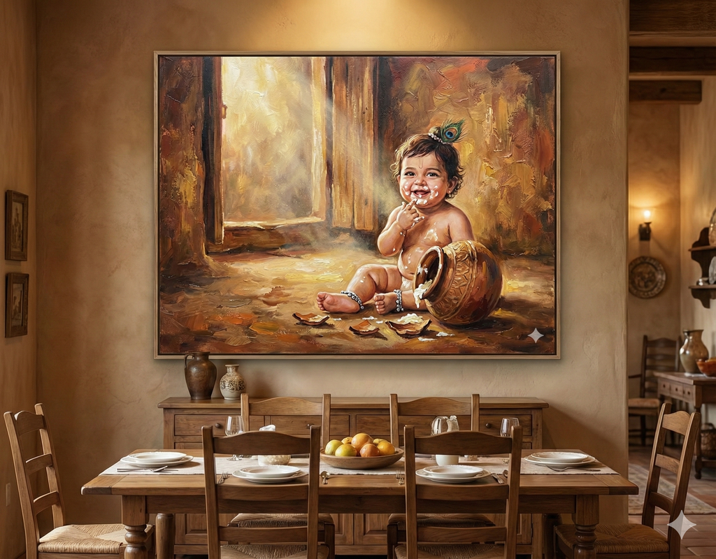 Little Butter Thief: Baby Krishna's Joyful Mischief – Original Acrylic Painting