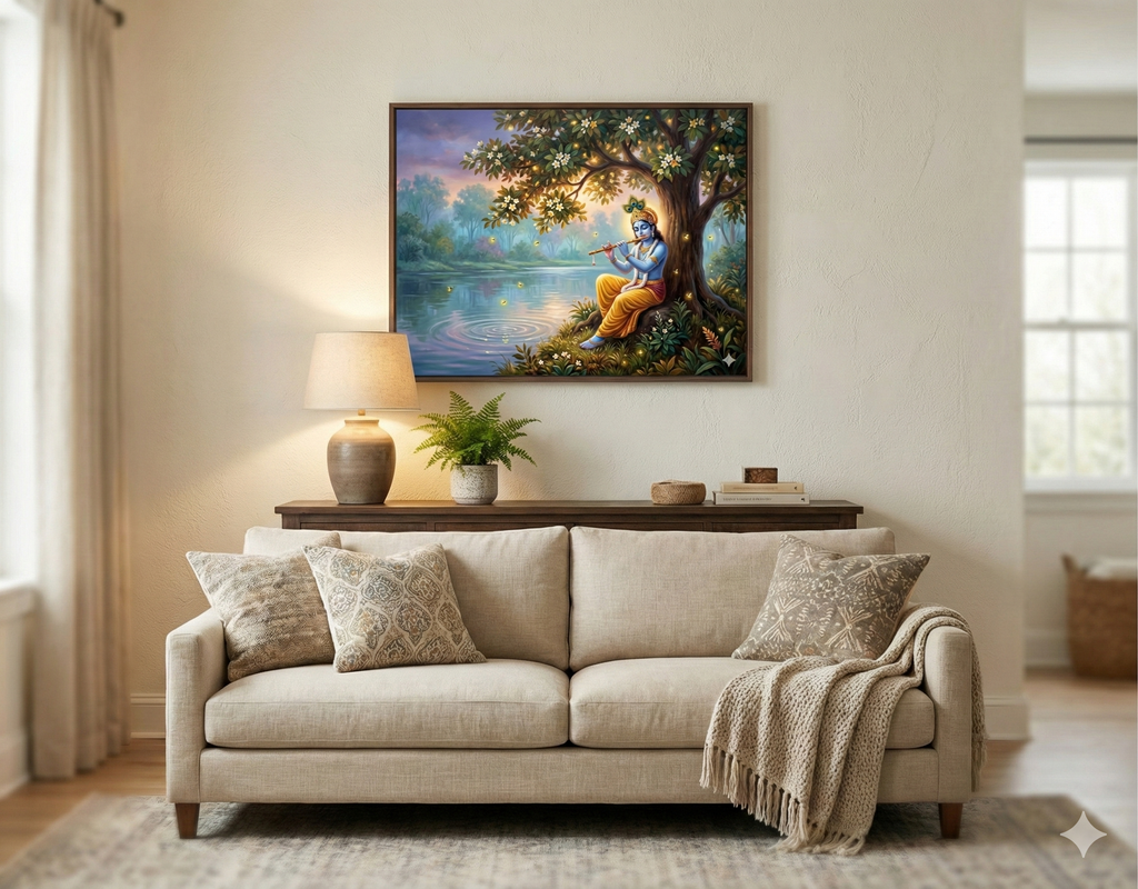 Twilight Serenade: Krishna by the Sacred River – Original Acrylic Painting