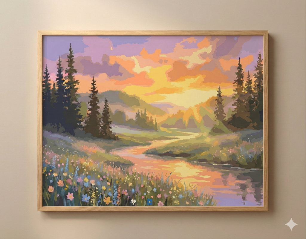 Golden Hour Reflection: Sunset River Valley Acrylic Painting