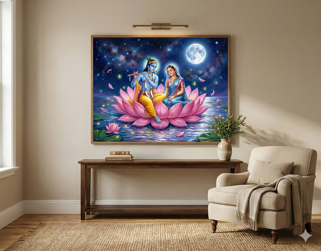 Divine Serenity: Radha Krishna on the Cosmic Lotus – Original Acrylic Painting