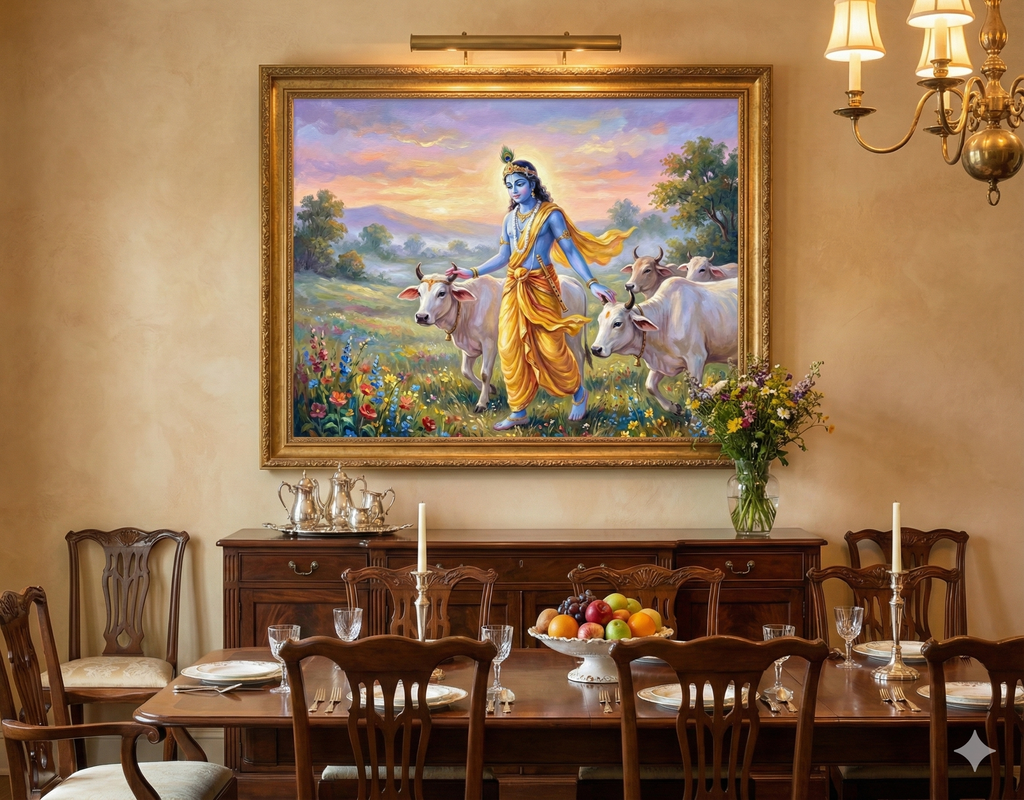 Golden Hour in Vrindavan: Krishna Herding the Sacred Cows – Original Acrylic Painting