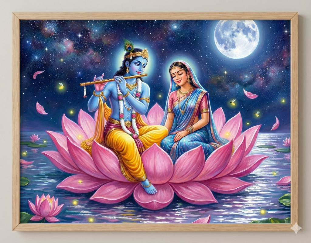 Divine Serenity: Radha Krishna on the Cosmic Lotus – Original Acrylic Painting