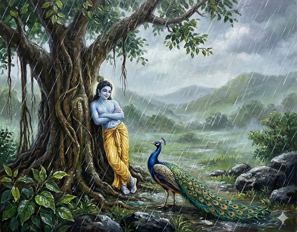 Monsoon Serenity: Krishna & The Peacock Under the Banyan Tree – Original Acrylic Painting