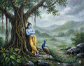 Monsoon Serenity: Krishna & The Peacock Under the Banyan Tree – Original Acrylic Painting