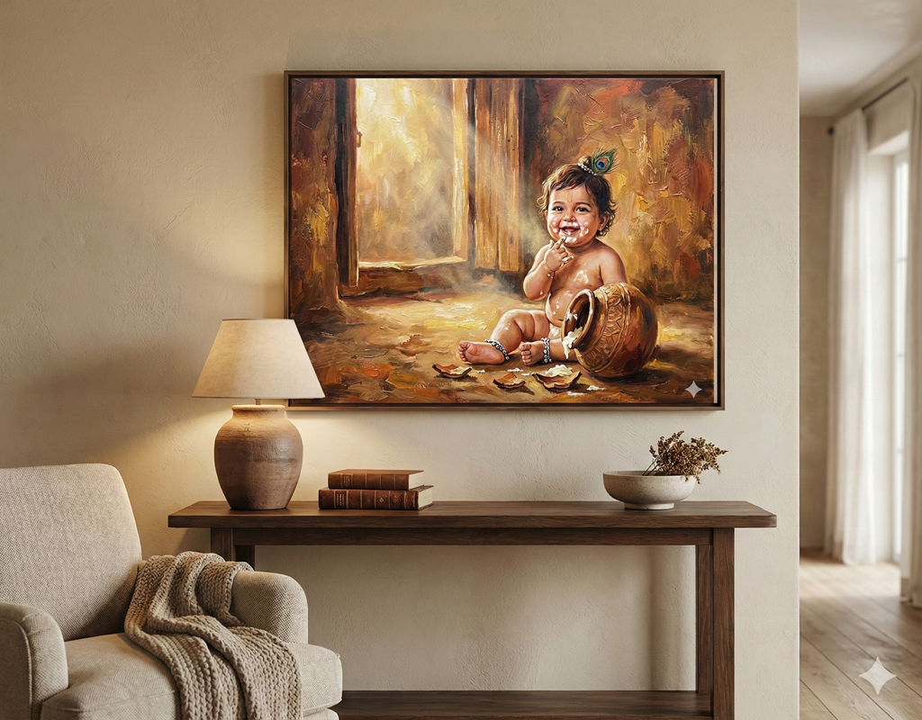 Little Butter Thief: Baby Krishna's Joyful Mischief – Original Acrylic Painting