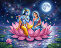 Divine Serenity: Radha Krishna on the Cosmic Lotus – Original Acrylic Painting