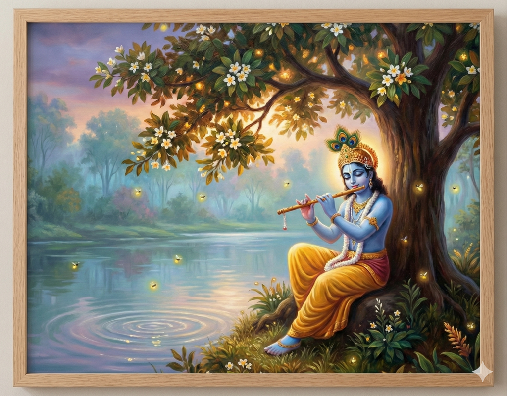 Twilight Serenade: Krishna by the Sacred River – Original Acrylic Painting