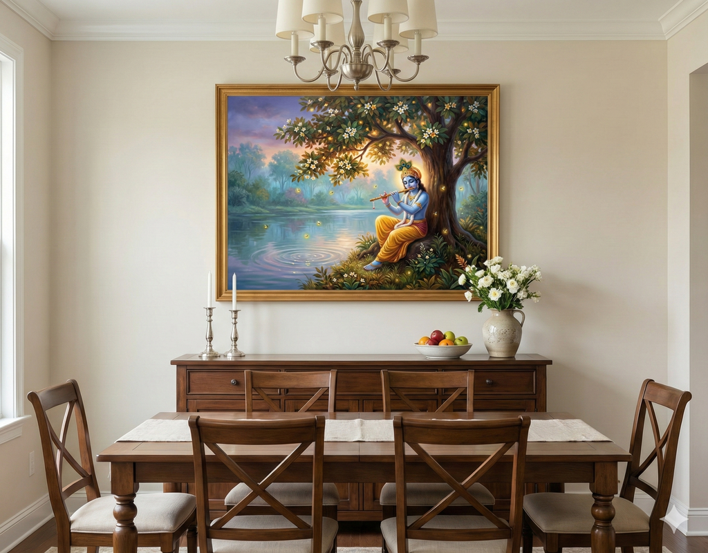 Twilight Serenade: Krishna by the Sacred River – Original Acrylic Painting