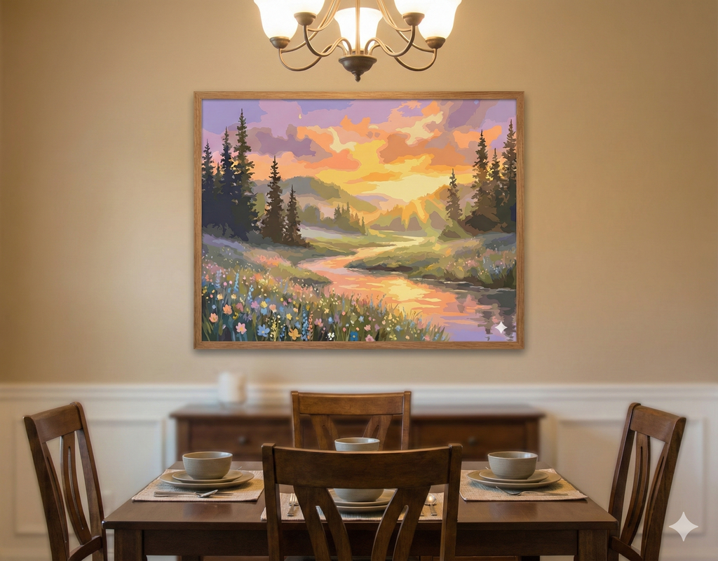 Golden Hour Reflection: Sunset River Valley Acrylic Painting