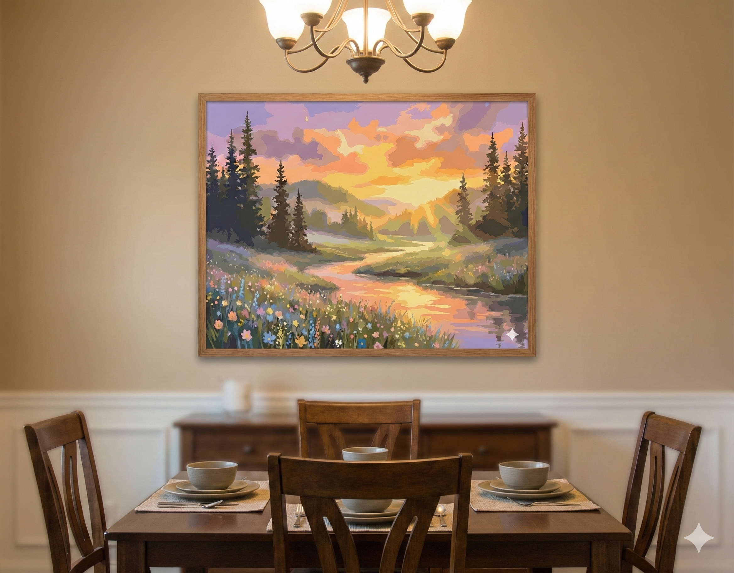 Golden Hour Reflection: Sunset River Valley Acrylic Painting