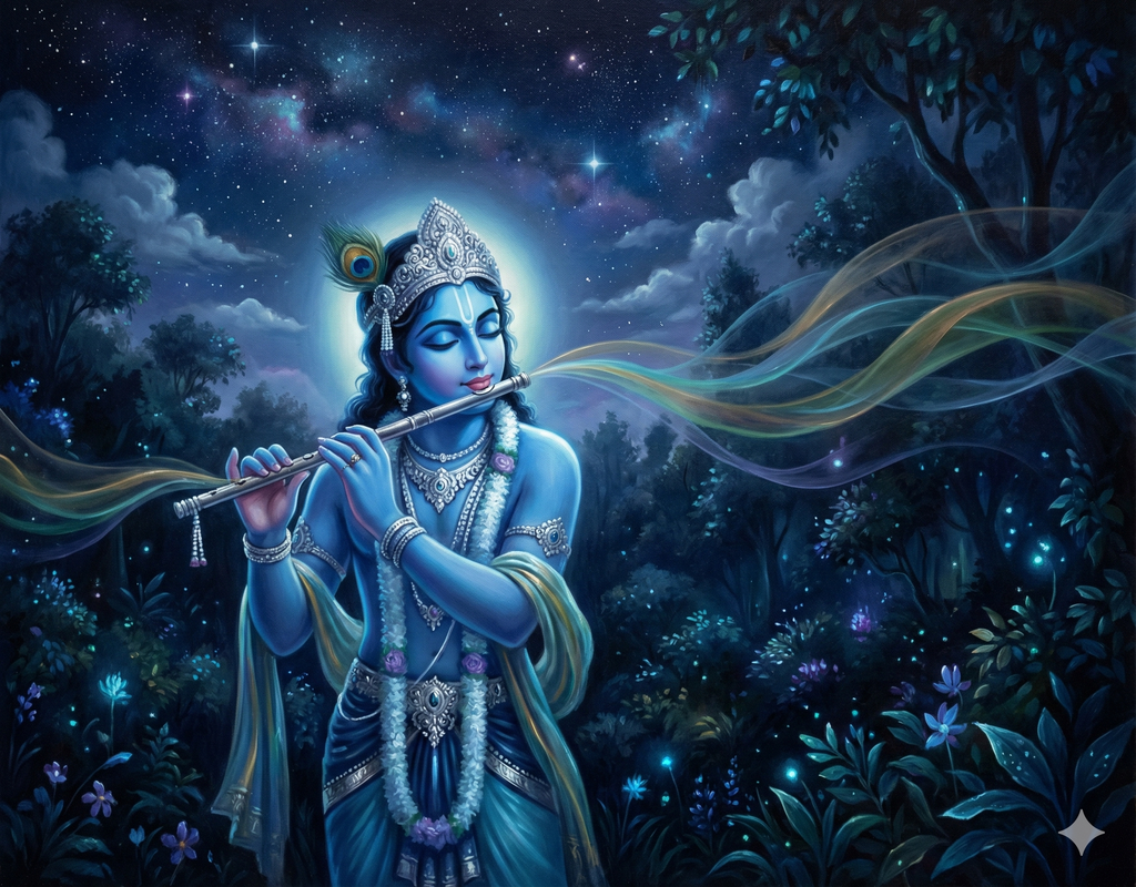 Midnight Melody: Krishna in the Enchanted Blue Forest – Original Acrylic Painting