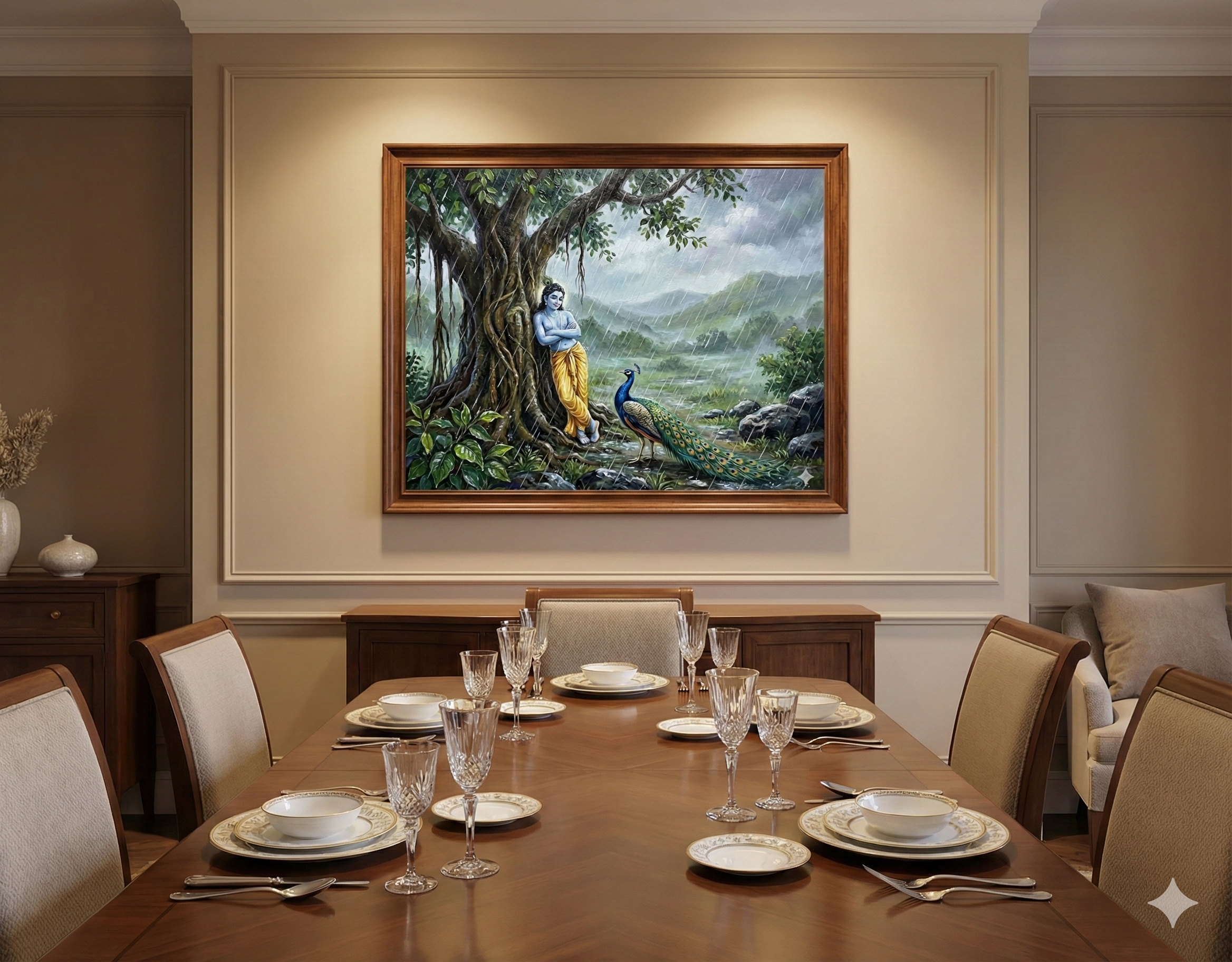 Monsoon Serenity: Krishna & The Peacock Under the Banyan Tree – Original Acrylic Painting