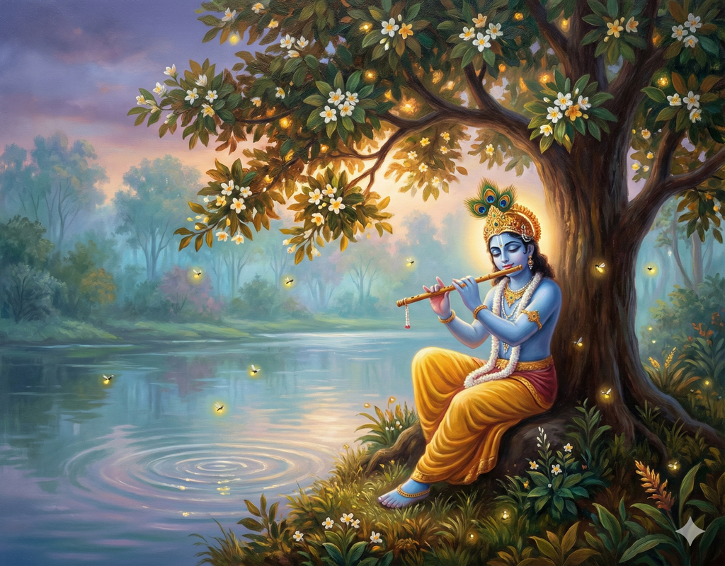Twilight Serenade: Krishna by the Sacred River – Original Acrylic Painting