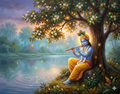 Twilight Serenade: Krishna by the Sacred River – Original Acrylic Painting