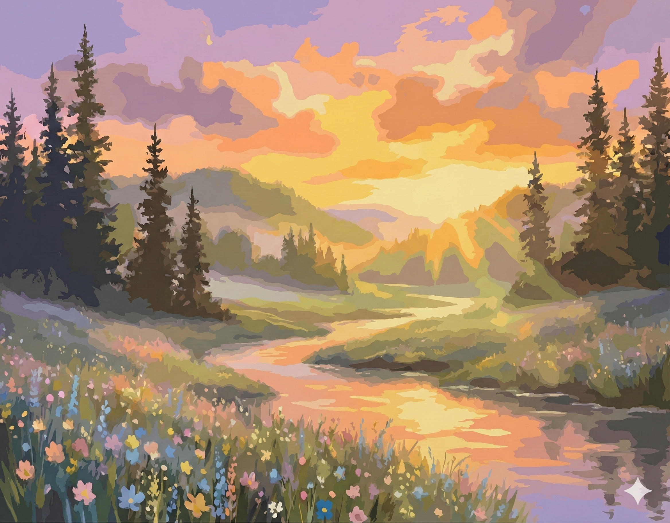 Golden Hour Reflection: Sunset River Valley Acrylic Painting