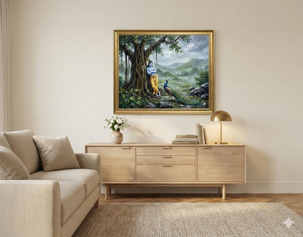 Monsoon Serenity: Krishna & The Peacock Under the Banyan Tree – Original Acrylic Painting
