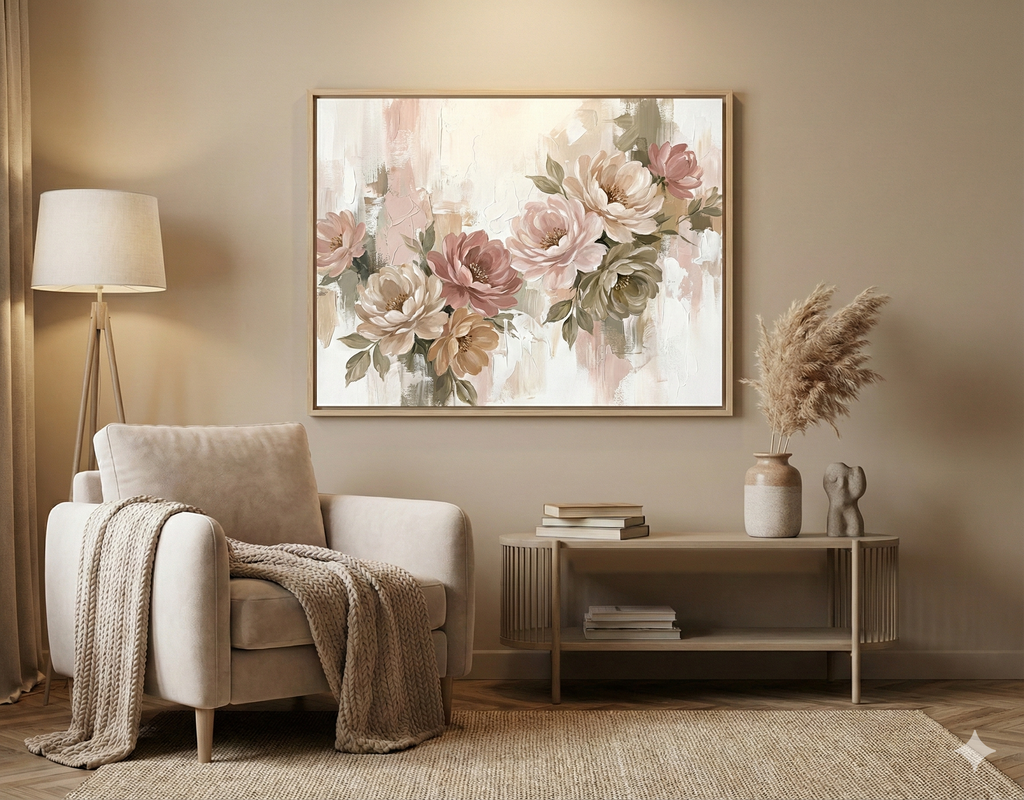 Ethereal Blush and Earth Tone Floral Symphony - Textured Acrylic Painting