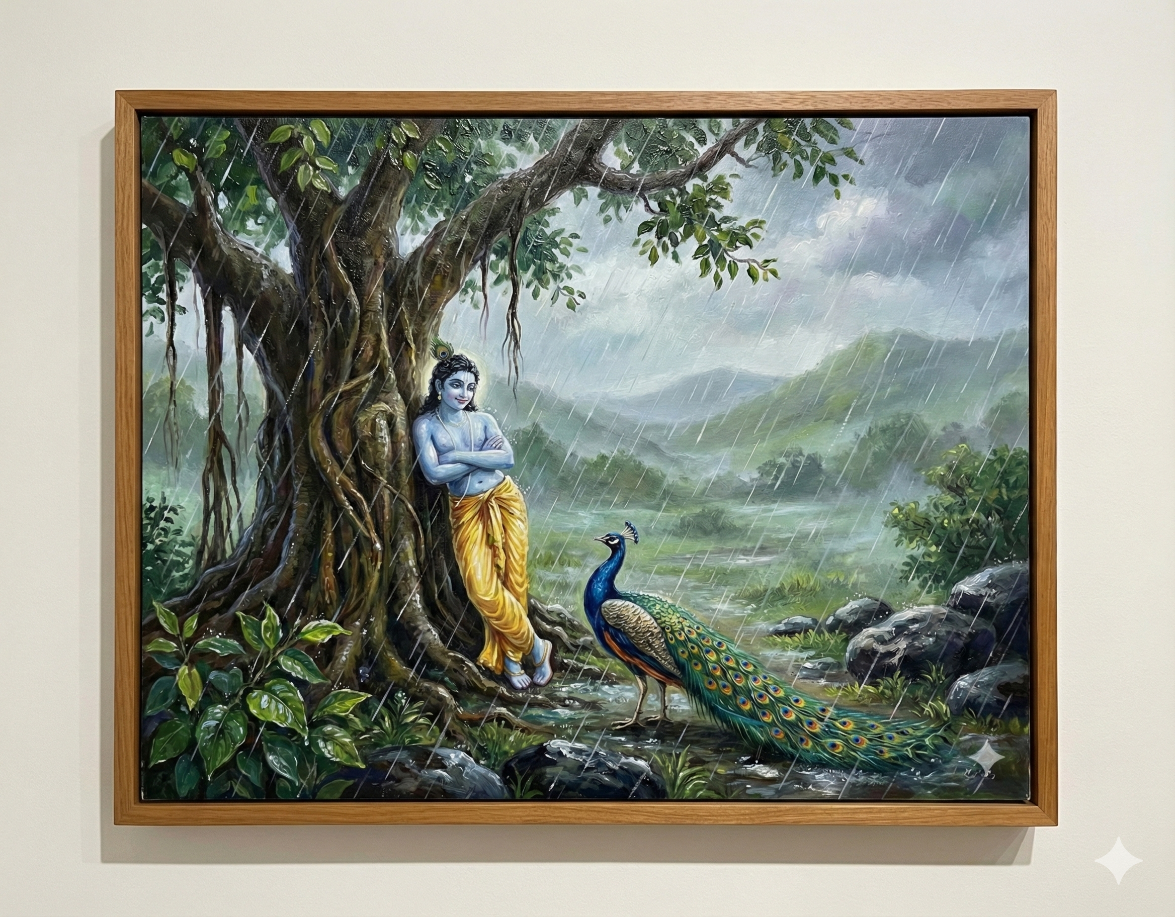 Monsoon Serenity: Krishna & The Peacock Under the Banyan Tree – Original Acrylic Painting