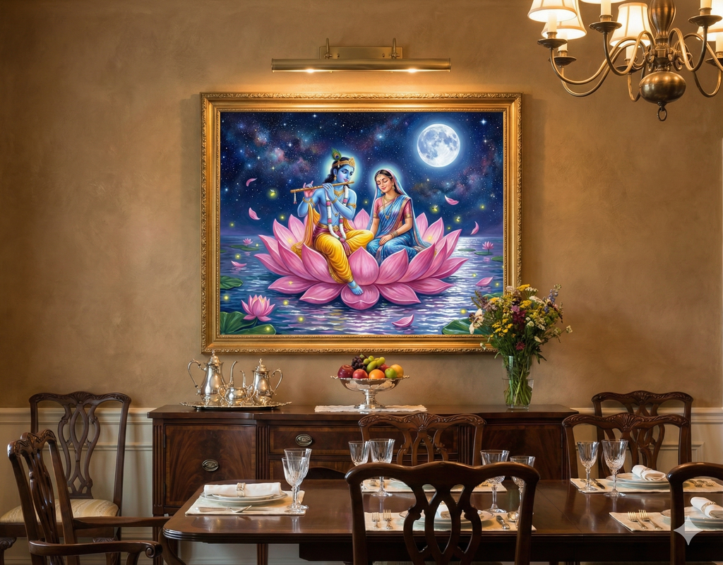 Divine Serenity: Radha Krishna on the Cosmic Lotus – Original Acrylic Painting