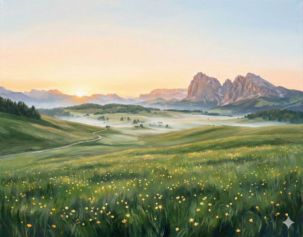 Golden Solitude: Misty Mountain Sunrise – Original Acrylic Painting