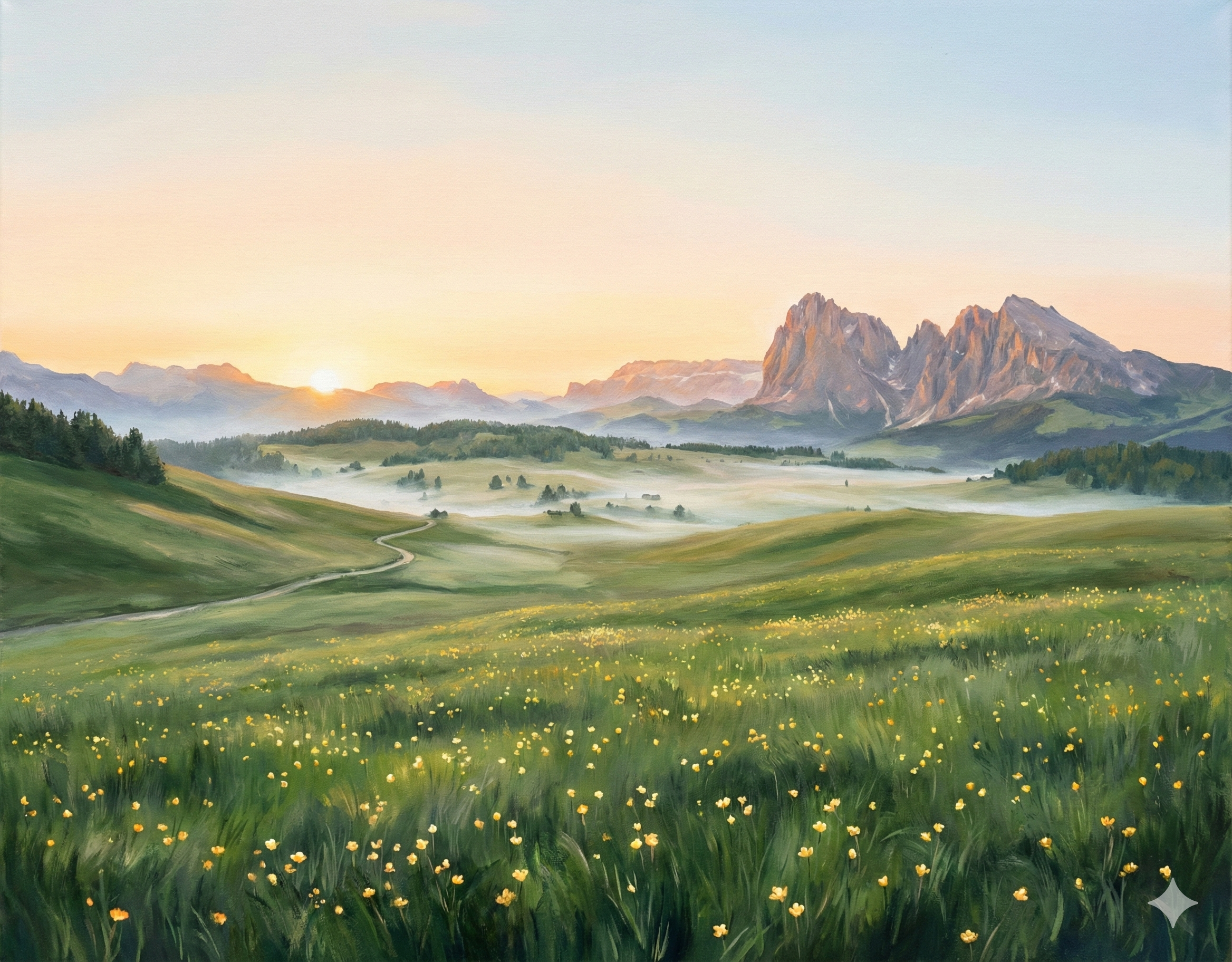 Golden Solitude: Misty Mountain Sunrise – Original Acrylic Painting