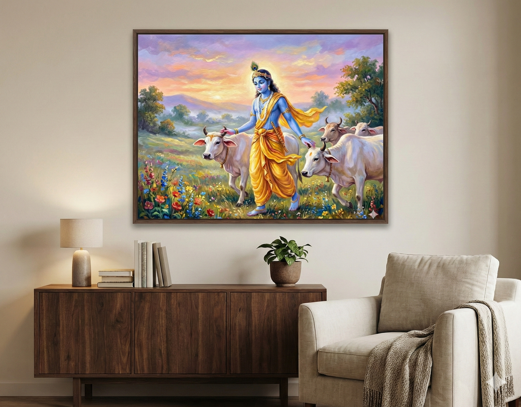 Golden Hour in Vrindavan: Krishna Herding the Sacred Cows – Original Acrylic Painting