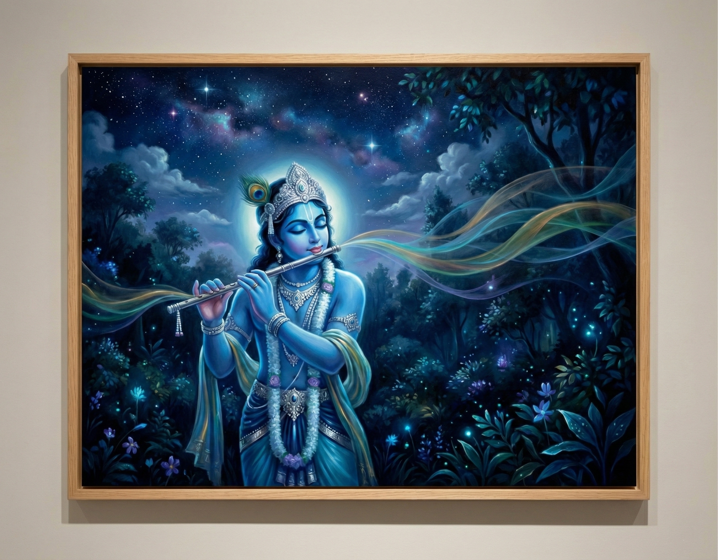 Midnight Melody: Krishna in the Enchanted Blue Forest – Original Acrylic Painting